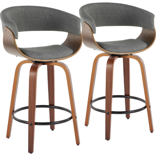 Vintage Mod 26" Swivel Counter Stool in Walnut Wood & Light Grey Fabric (Set of 2)